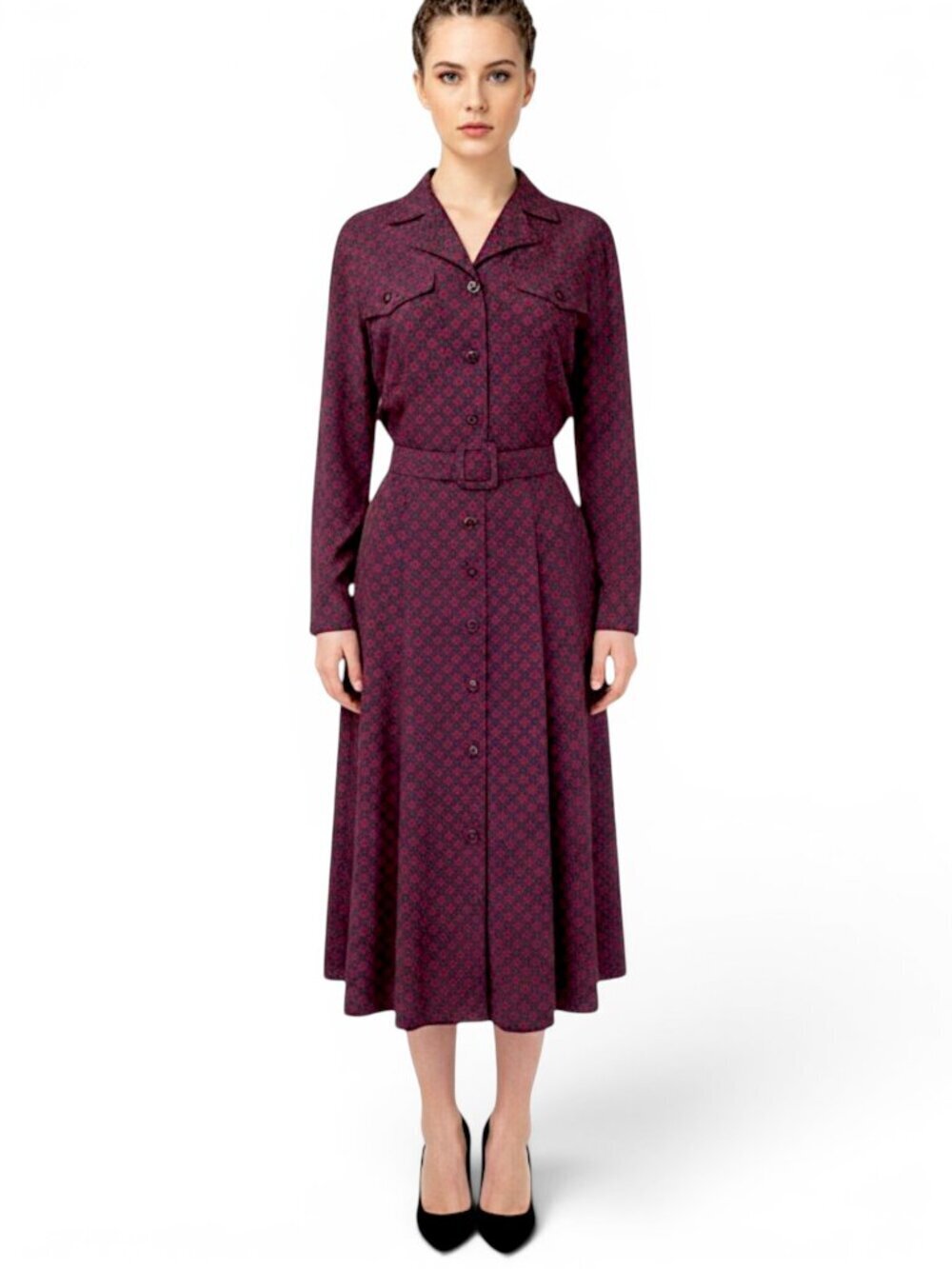 Talbots Vintage Burgundy Red Print Button Front Belted Dress Shirtdress Y2K 10